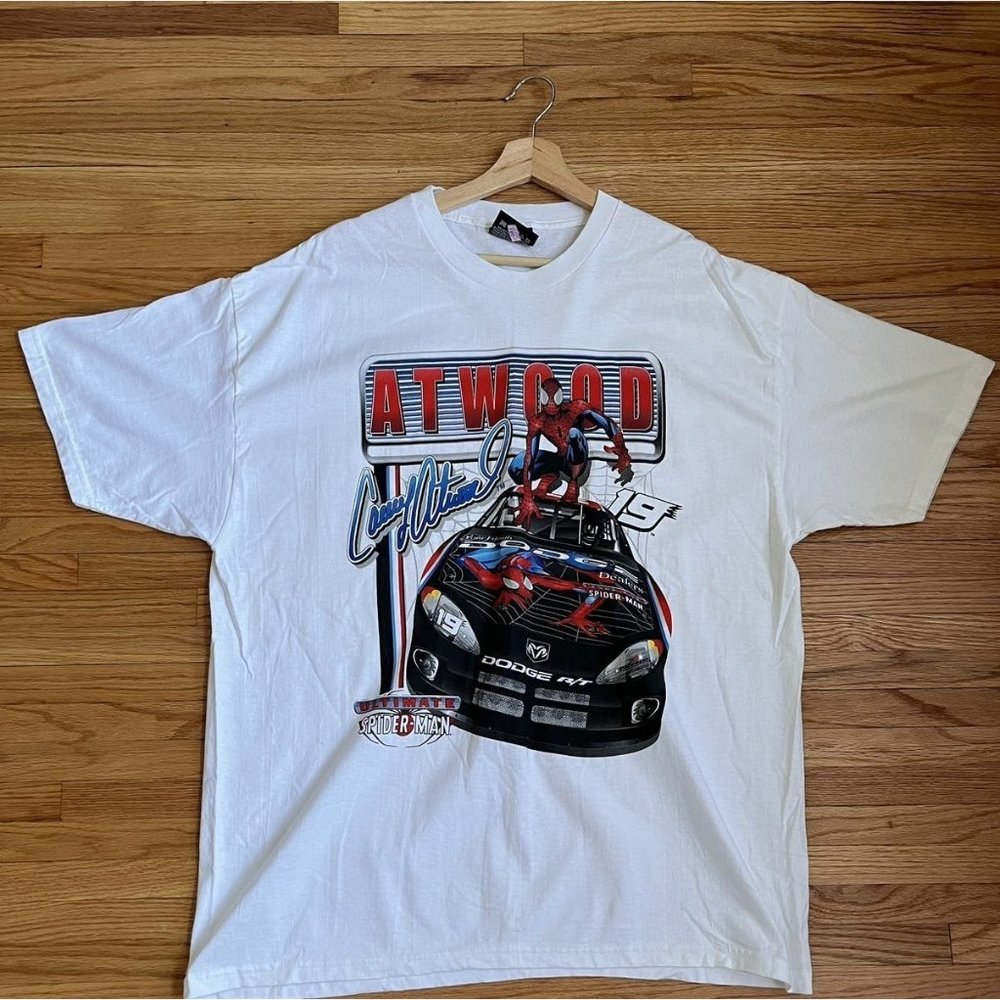VINTAGE NASCAR SPIDERMAN CASEY ATWOOD WHITE T SHIRT SIZE LARGE 2001 CHASE AUTH